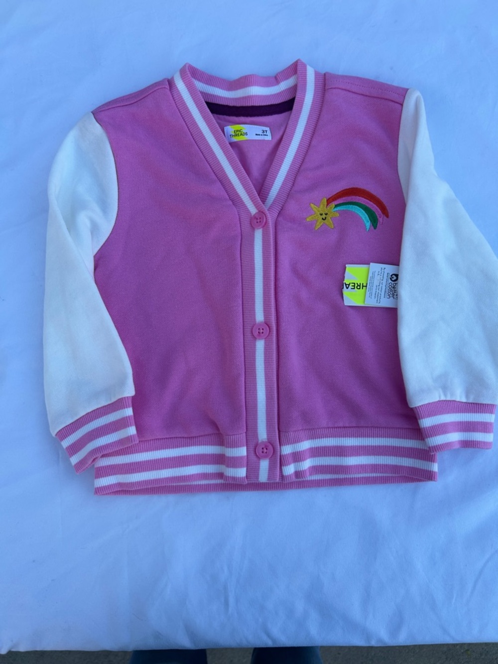 Epic Threads Pink & White Girls' Button Cardigan with Rainbow Patch